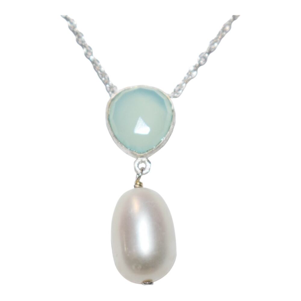 Genuine Aqua Chalcedony and Cultured White Freshwater Pearl Necklace